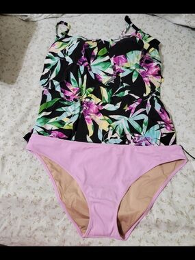Floral Black Tankini Top with Lilac Bikini Bottoms